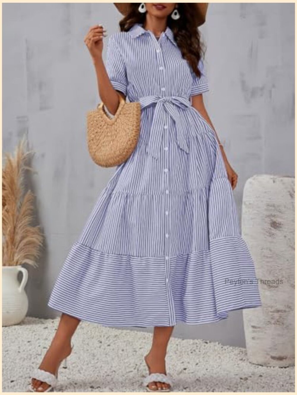 Women's Boho Striped Cotton Shirt Dress Button Down Flowy Maxi with Pockets - Picture 2 of 5